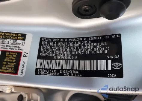 2013 Toyota Camry Xle V6 z USA, uszkodzony, nr VIN 4T1BK1FK3DU526117